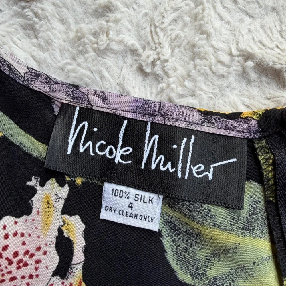 Nicole Miller Silk Floral Slip Dress Black Y2K Vintage Open Tie Back Small 4